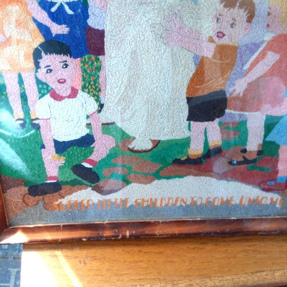 1951 Signed Crewel Cross Stitch Finished Jesus With Children 10x13 - Picture 4 of 6